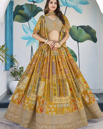 Magnetic Mustard Yellow Embroidered Chinnon Silk Lehenga Choli Set for Festival