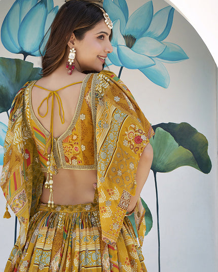 Magnetic Mustard Yellow Embroidered Chinnon Silk Lehenga Choli Set for Festival