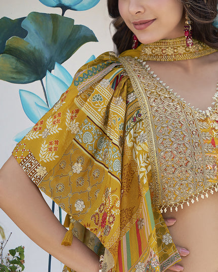 Magnetic Mustard Yellow Embroidered Chinnon Silk Lehenga Choli Set for Festival