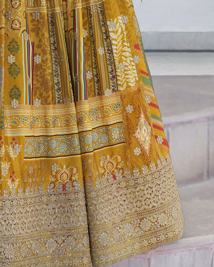 Magnetic Mustard Yellow Embroidered Chinnon Silk Lehenga Choli Set for Festival