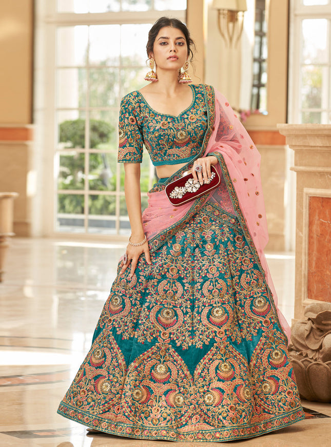 Peacock Blue Velvet Embroidered Designer Wedding Lehenga Choli