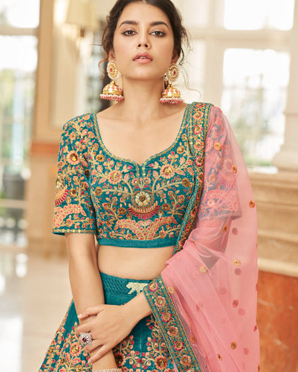 Peacock Blue Velvet Embroidered Designer Wedding Lehenga Choli