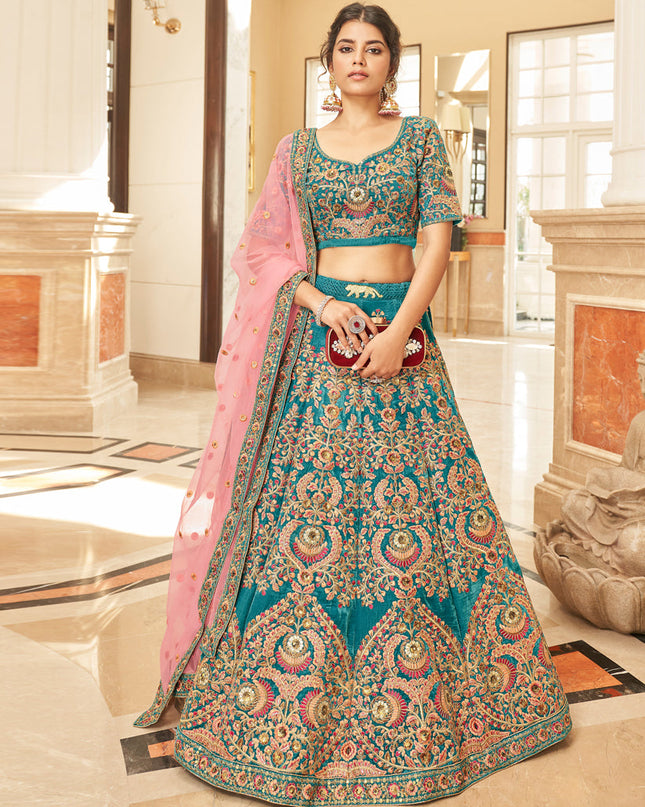 Peacock Blue Velvet Embroidered Designer Wedding Lehenga Choli