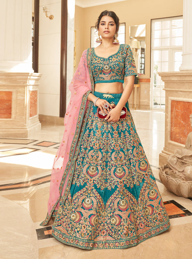 Peacock Blue Velvet Embroidered Designer Wedding Lehenga Choli