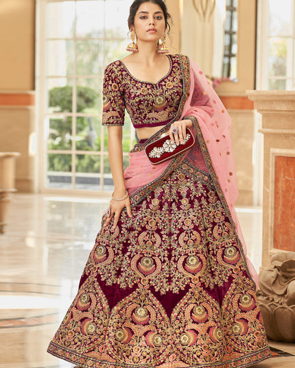 Maroon Velvet Embroidered Designer Wedding Lehenga Choli