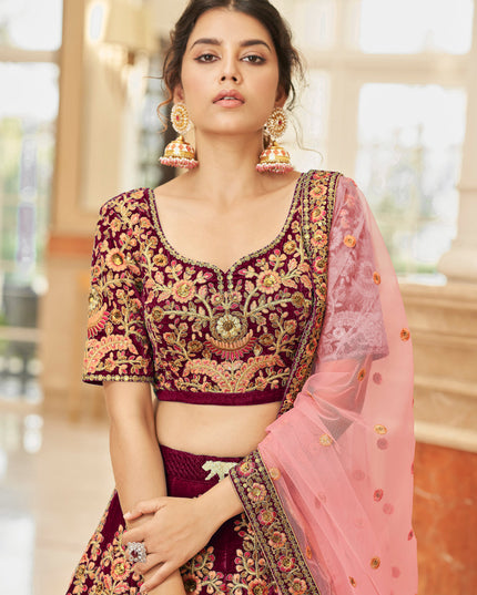 Maroon Velvet Embroidered Designer Wedding Lehenga Choli