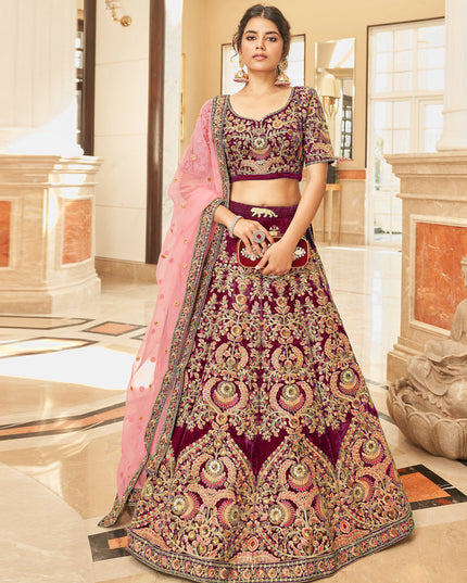 Maroon Velvet Embroidered Designer Wedding Lehenga Choli
