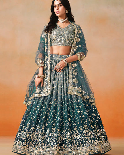 Ombre Teal Georgette Sequins Embroidered Lehenga Choli