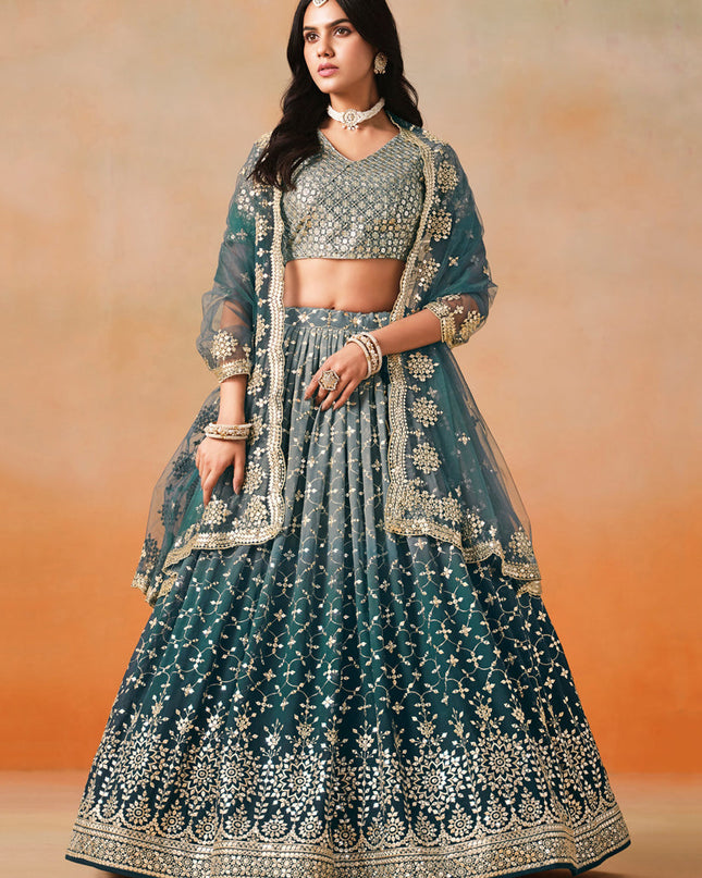 Ombre Teal Georgette Sequins Embroidered Lehenga Choli
