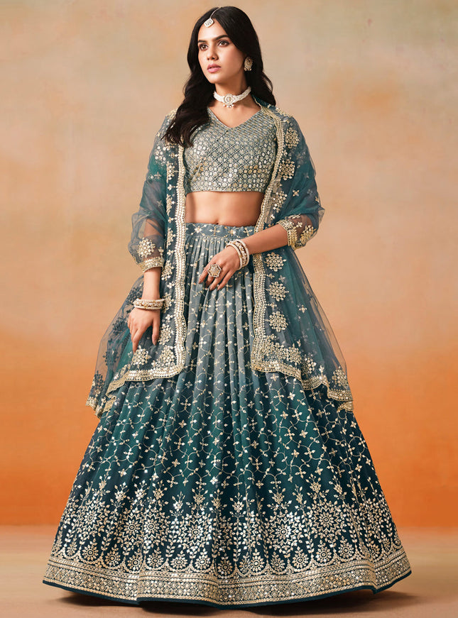 Ombre Teal Georgette Sequins Embroidered Lehenga Choli