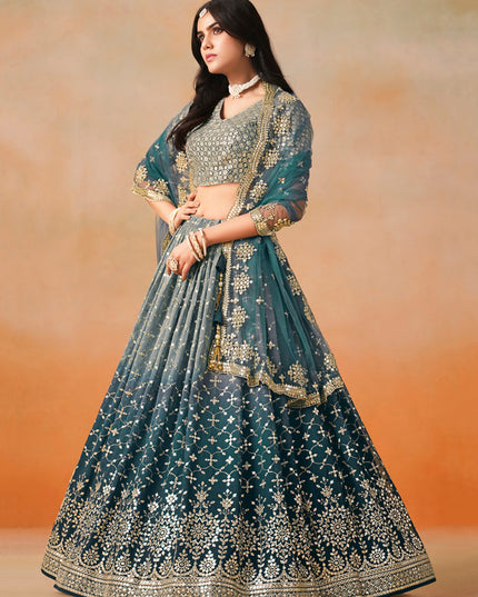 Ombre Teal Georgette Sequins Embroidered Lehenga Choli
