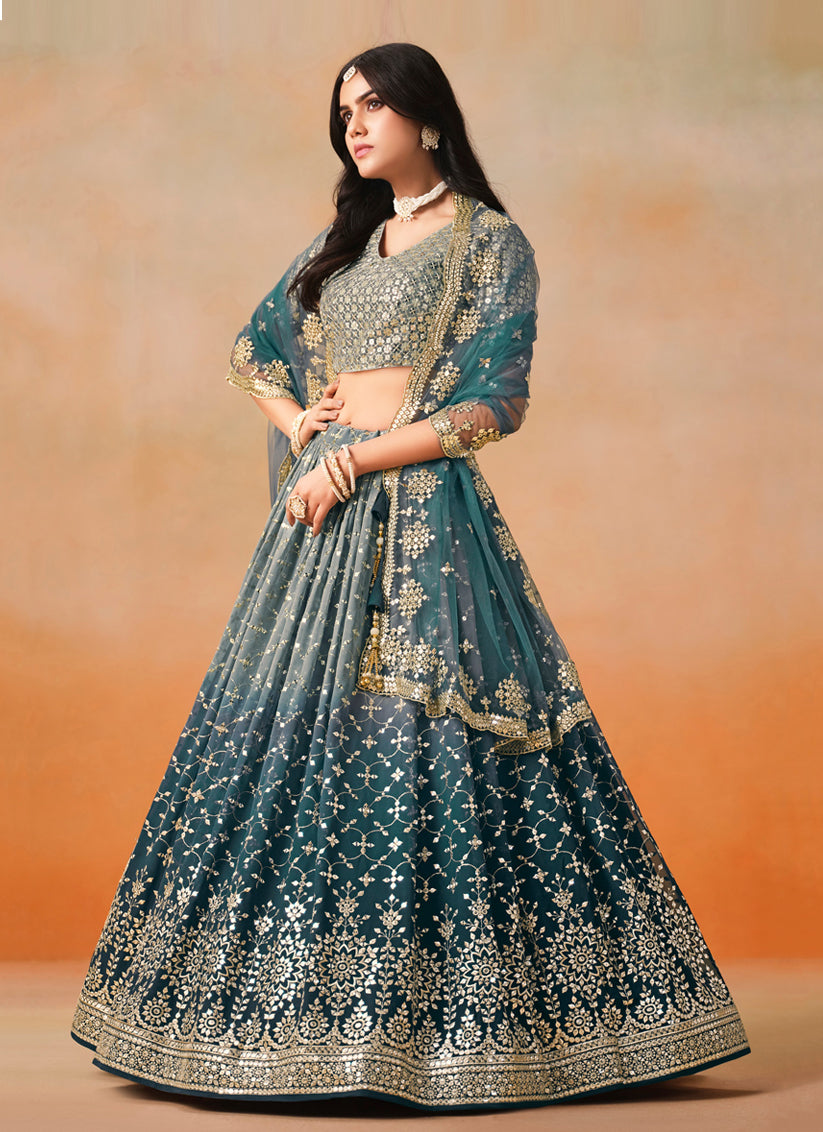 Ombre Teal Georgette Sequins Embroidered Lehenga Choli