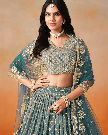 Ombre Teal Georgette Sequins Embroidered Lehenga Choli