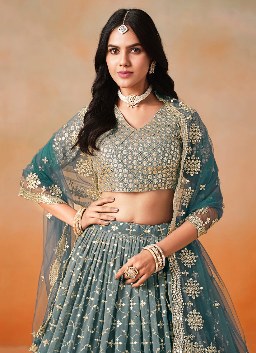 Ombre Teal Georgette Sequins Embroidered Lehenga Choli