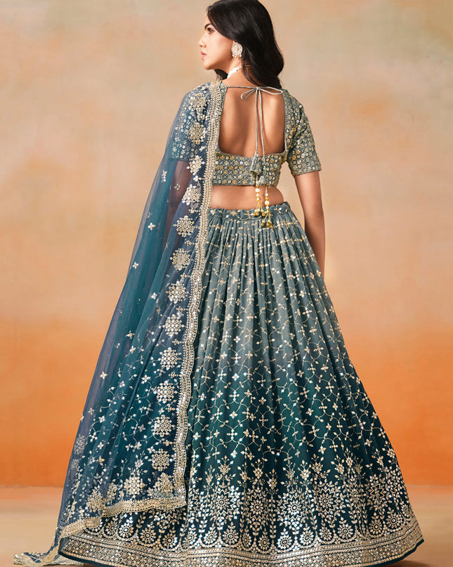Ombre Teal Georgette Sequins Embroidered Lehenga Choli
