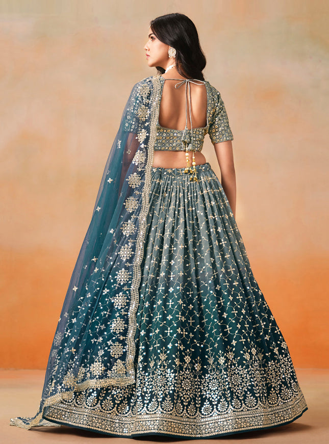 Ombre Teal Georgette Sequins Embroidered Lehenga Choli