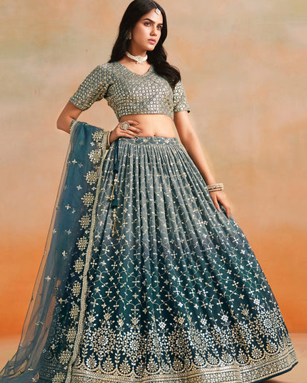 Ombre Teal Georgette Sequins Embroidered Lehenga Choli