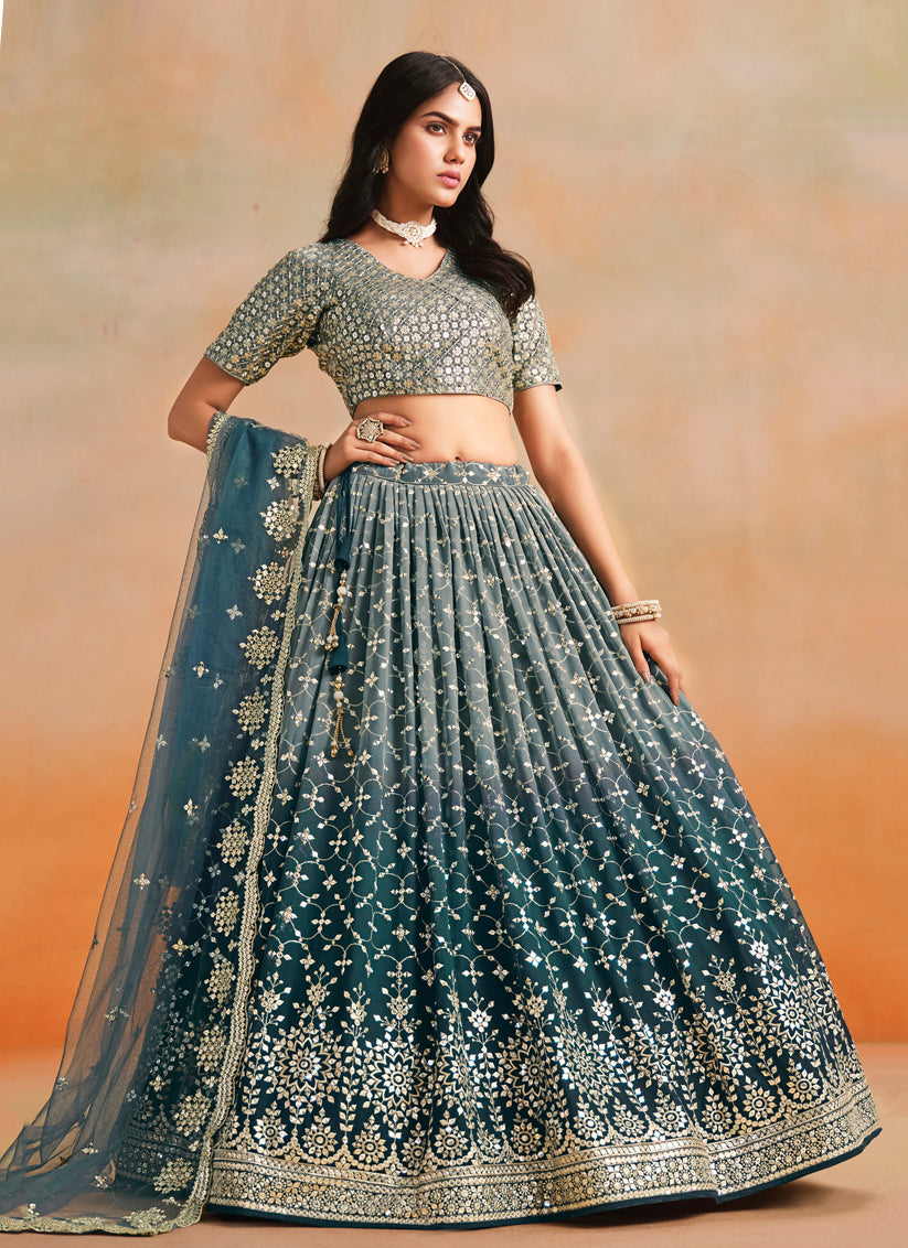 Ombre Teal Georgette Sequins Embroidered Lehenga Choli