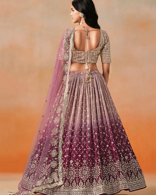 Ombre Maroon Georgette Sequins Embroidered Lehenga Choli