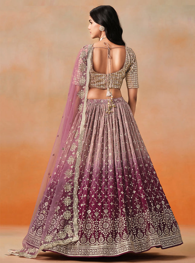 Ombre Maroon Georgette Sequins Embroidered Lehenga Choli