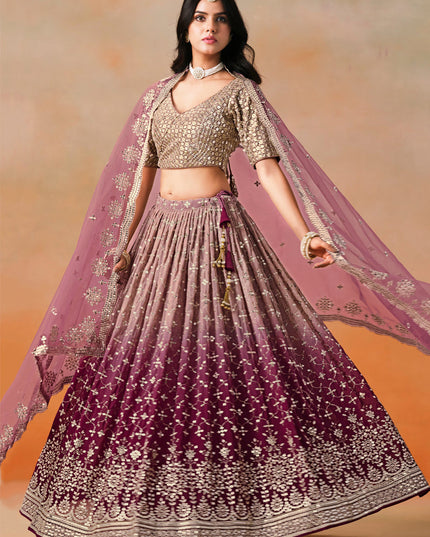 Ombre Maroon Georgette Sequins Embroidered Lehenga Choli