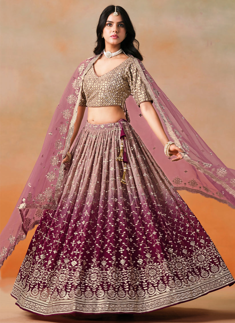 Ombre Maroon Georgette Sequins Embroidered Lehenga Choli