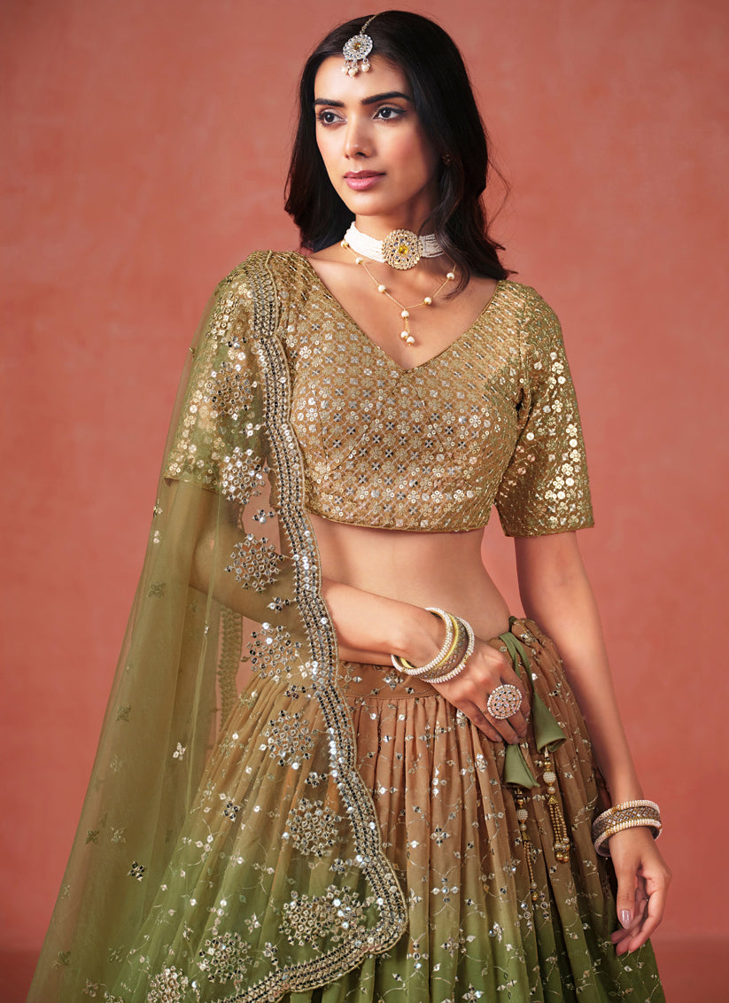 Ombre Mehendi Georgette Sequins Embroidered Lehenga Choli