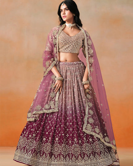 Ombre Maroon Georgette Sequins Embroidered Lehenga Choli
