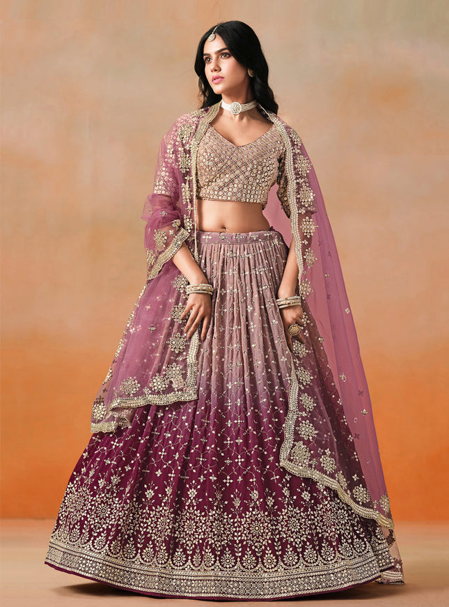 Ombre Maroon Georgette Sequins Embroidered Lehenga Choli