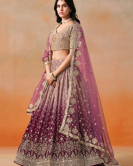 Ombre Maroon Georgette Sequins Embroidered Lehenga Choli