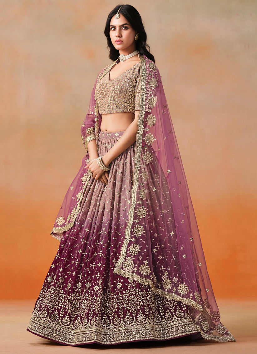 Ombre Maroon Georgette Sequins Embroidered Lehenga Choli