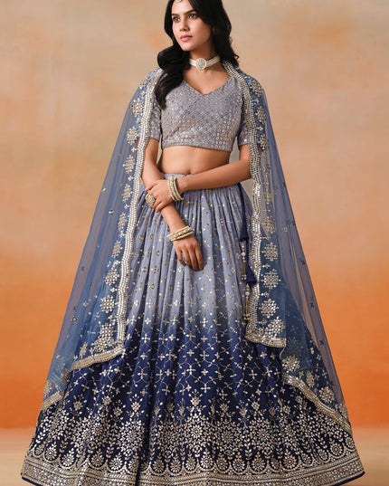 Ombre Blue Georgette Sequins Embroidered Lehenga Choli