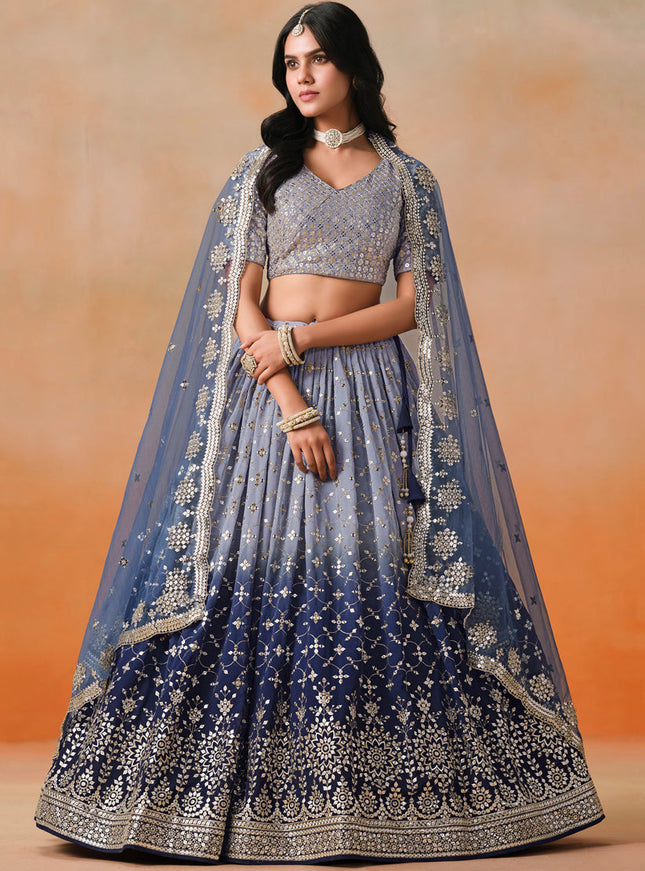 Ombre Blue Georgette Sequins Embroidered Lehenga Choli