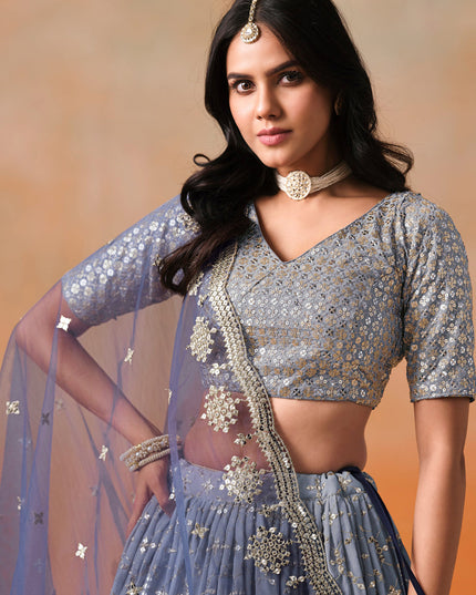 Ombre Blue Georgette Sequins Embroidered Lehenga Choli