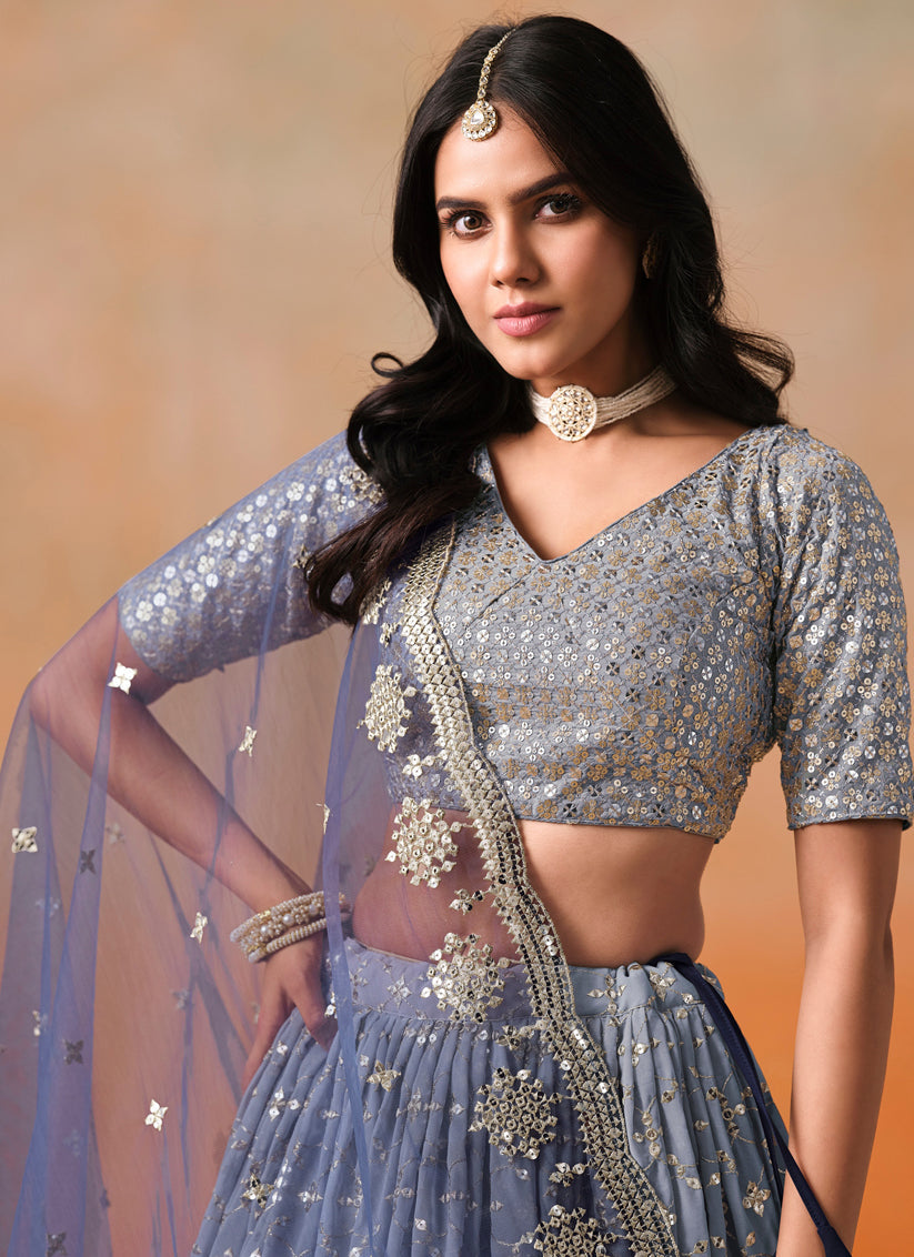 Ombre Blue Georgette Sequins Embroidered Lehenga Choli