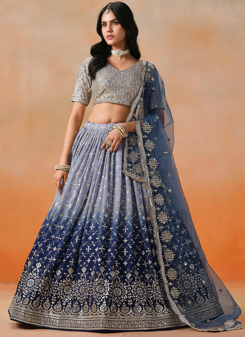 Ombre Blue Georgette Sequins Embroidered Lehenga Choli