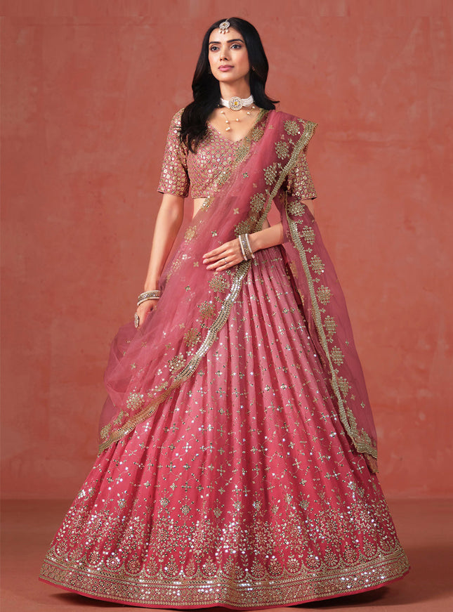 Ombre Pink Georgette Sequins Embroidered Lehenga Choli