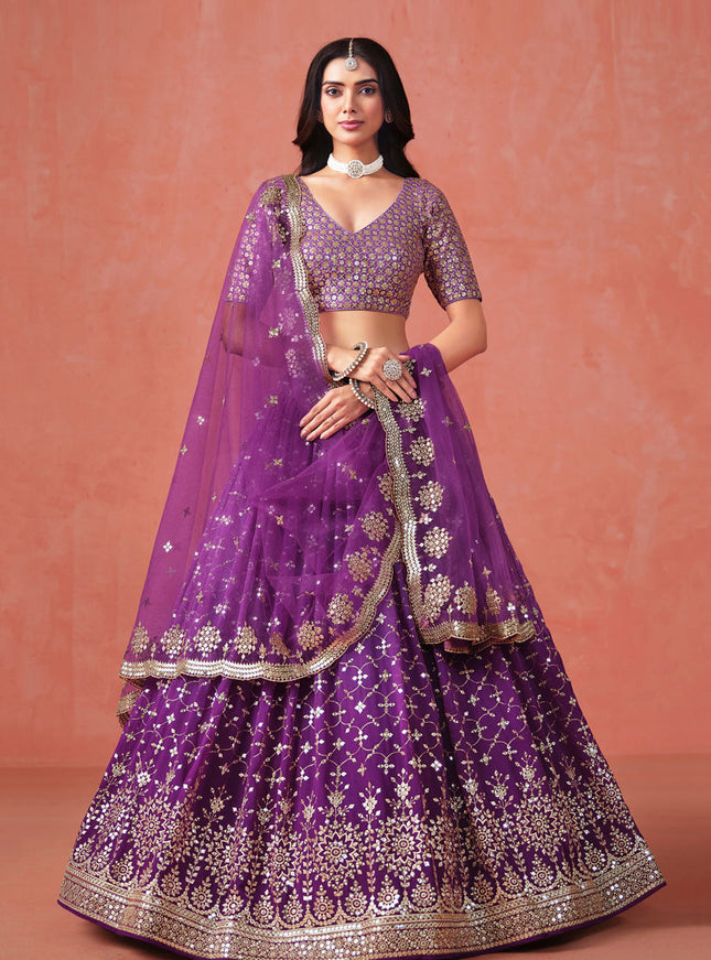 Ombre Purple Georgette Sequins Embroidered Lehenga Choli