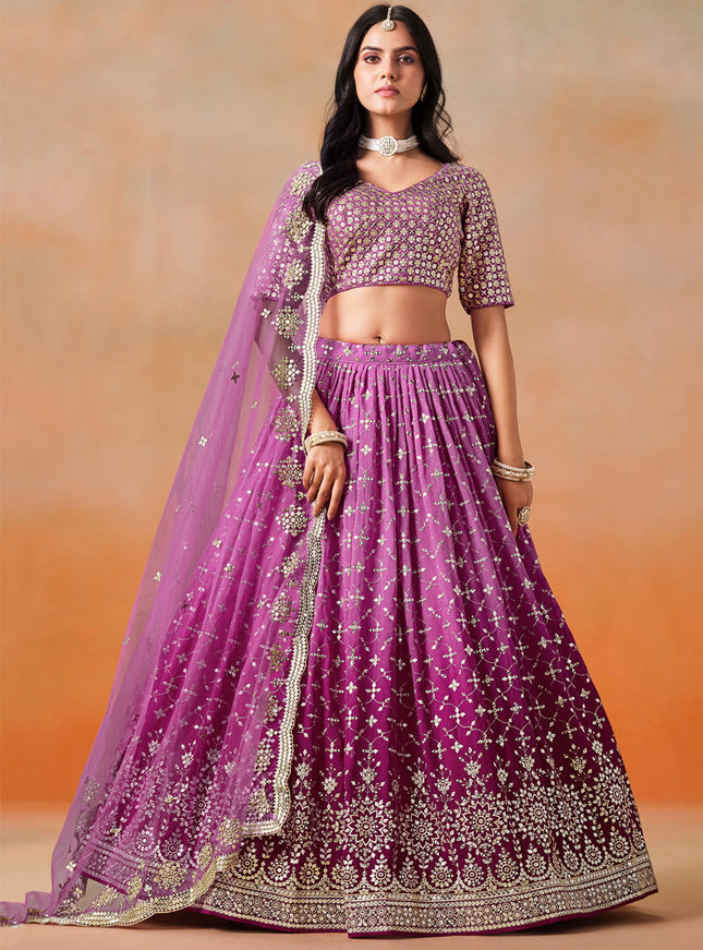 Ombre Magenta Georgette Sequins Embroidered Lehenga Choli