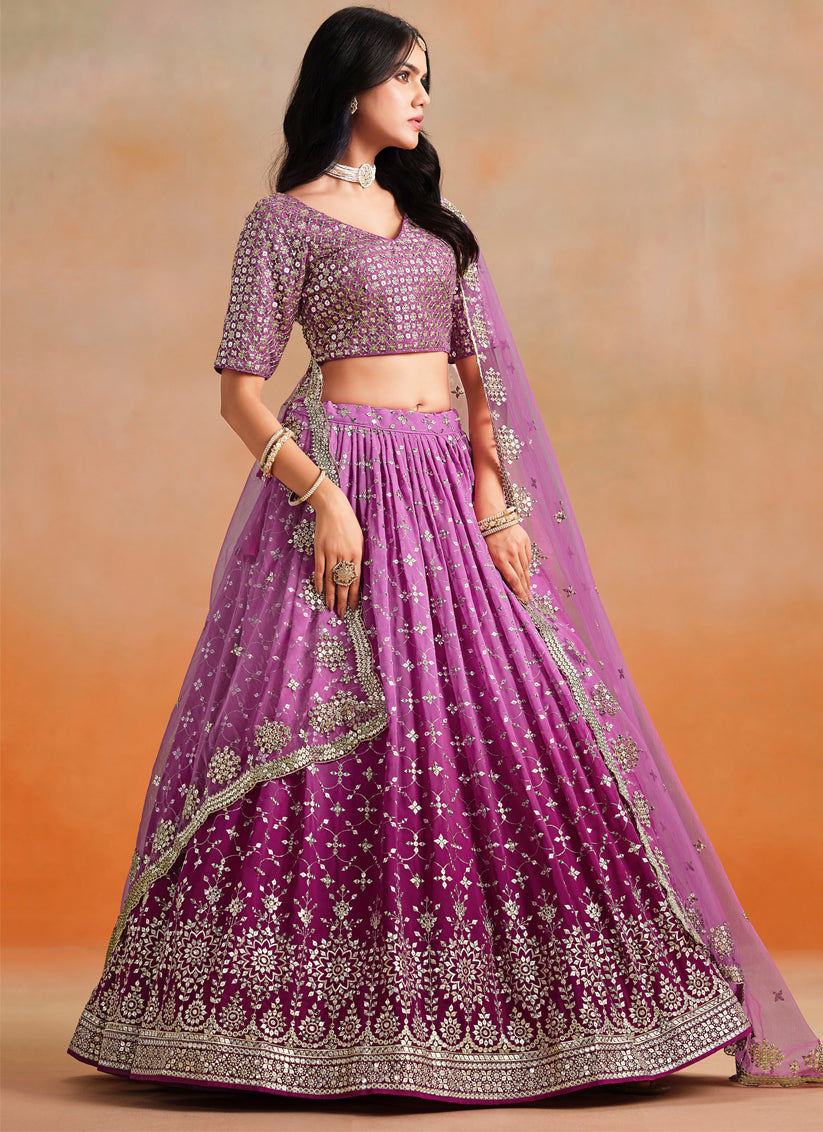 Ombre Magenta Georgette Sequins Embroidered Lehenga Choli