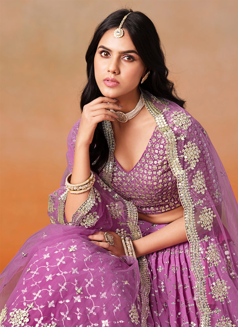 Ombre Magenta Georgette Sequins Embroidered Lehenga Choli