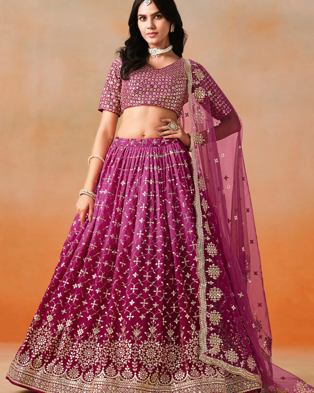 Ombre Wine Georgette Sequins Embroidered Lehenga Choli
