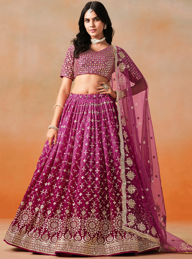 Ombre Wine Georgette Sequins Embroidered Lehenga Choli