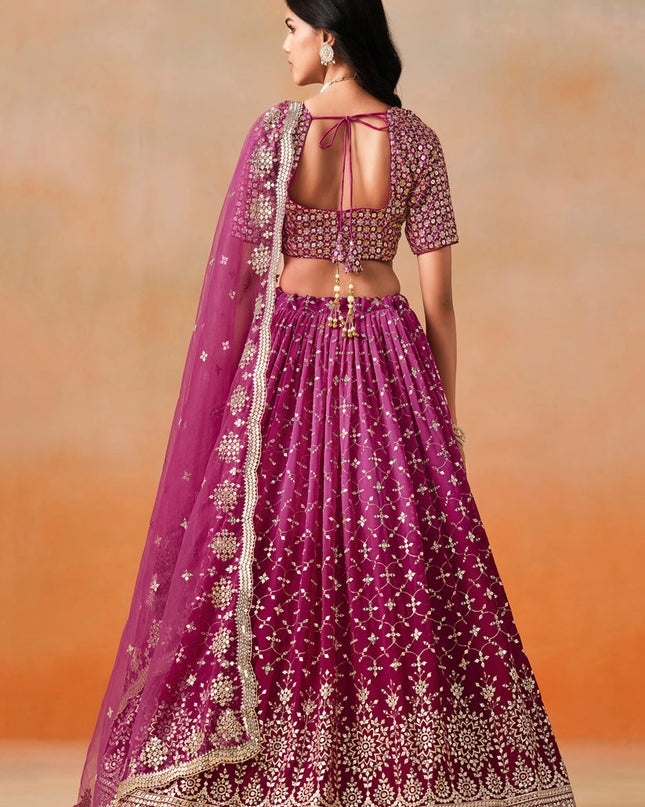 Ombre Wine Georgette Sequins Embroidered Lehenga Choli