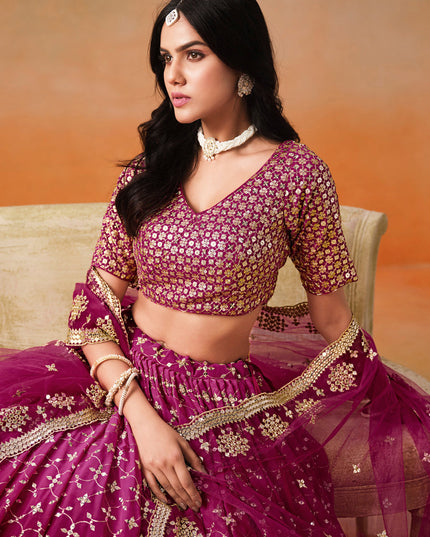 Ombre Wine Georgette Sequins Embroidered Lehenga Choli