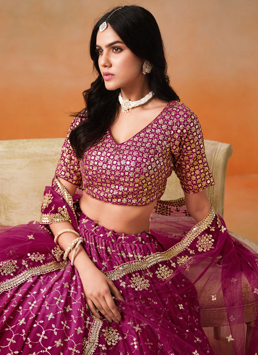 Ombre Wine Georgette Sequins Embroidered Lehenga Choli