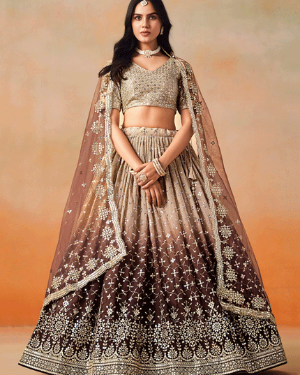 Ombre Brown Georgette Sequins Embroidered Lehenga Choli
