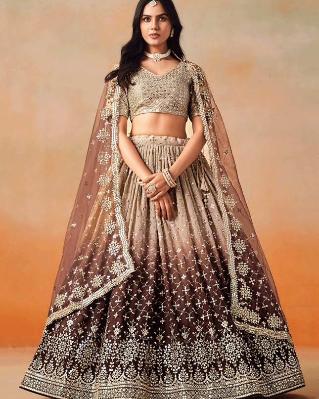 Ombre Brown Georgette Sequins Embroidered Lehenga Choli