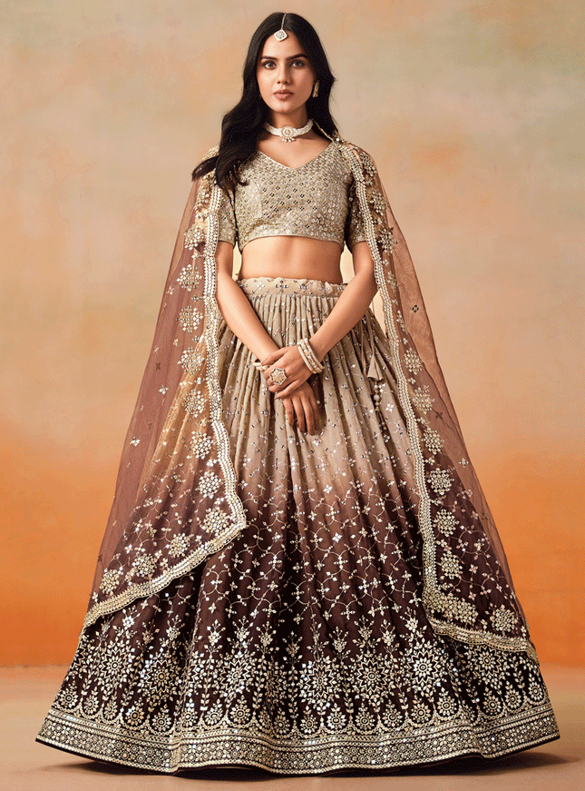 Ombre Brown Georgette Sequins Embroidered Lehenga Choli