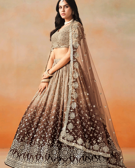 Ombre Brown Georgette Sequins Embroidered Lehenga Choli